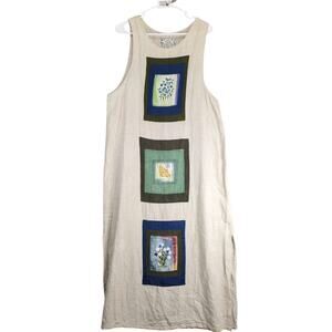 La Blend 100% Linen Maxi Dress Sz M Handpainted Silk Floral Patches Sleeveless